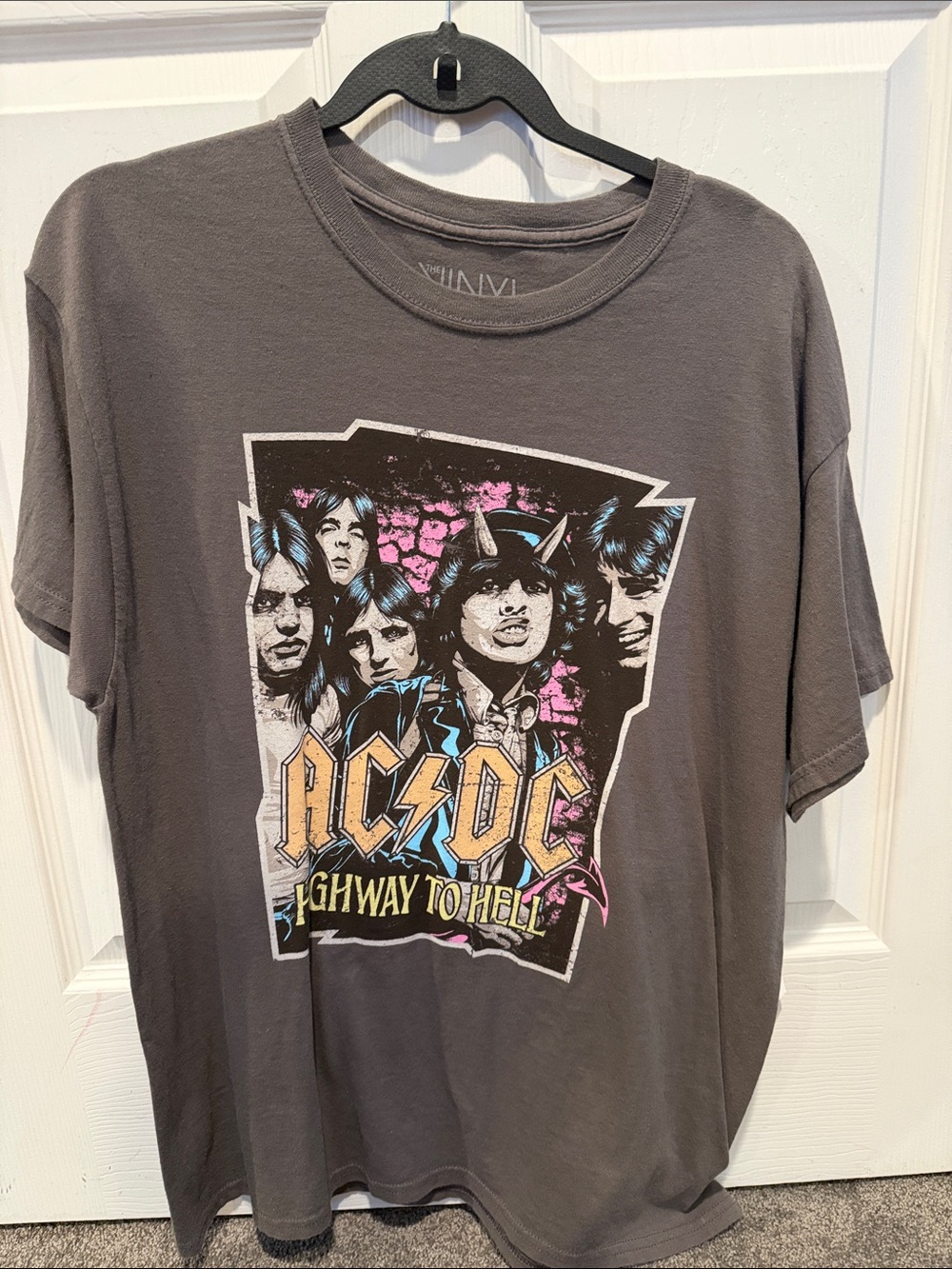 AC/DC Men's/Women's Charcoal Graphic Tee with Pink, Blue and Yellow Print M